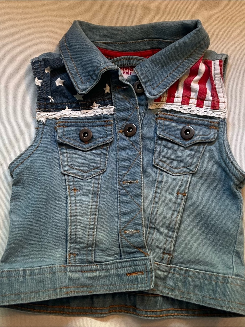 Nannette Kids Patriotic USA Flag Denim Vest Stars & Stripes Lace 2T/3T